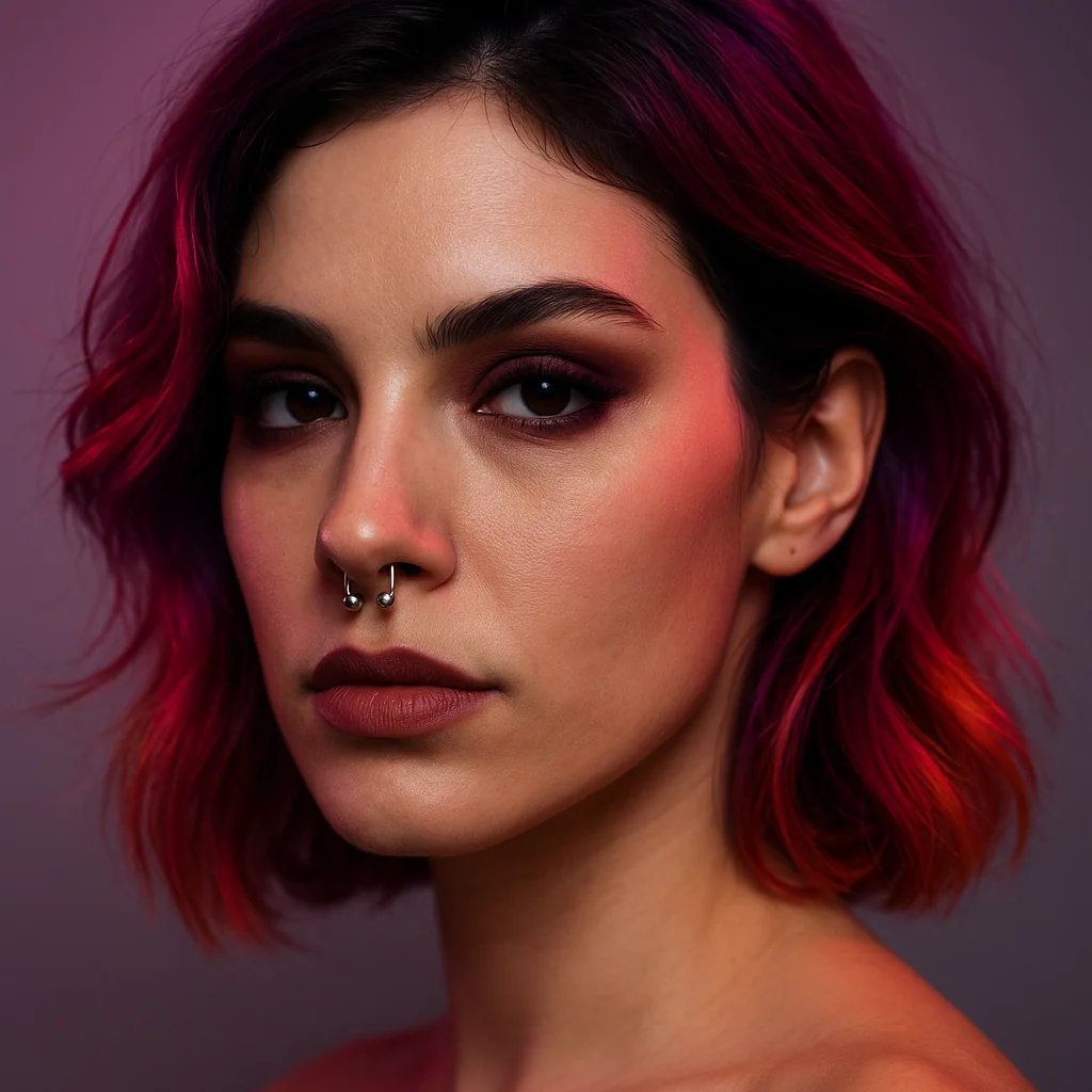 Extravagáns fiatal nő septum piercinggel, színes hajjal és karakteres sminkkel