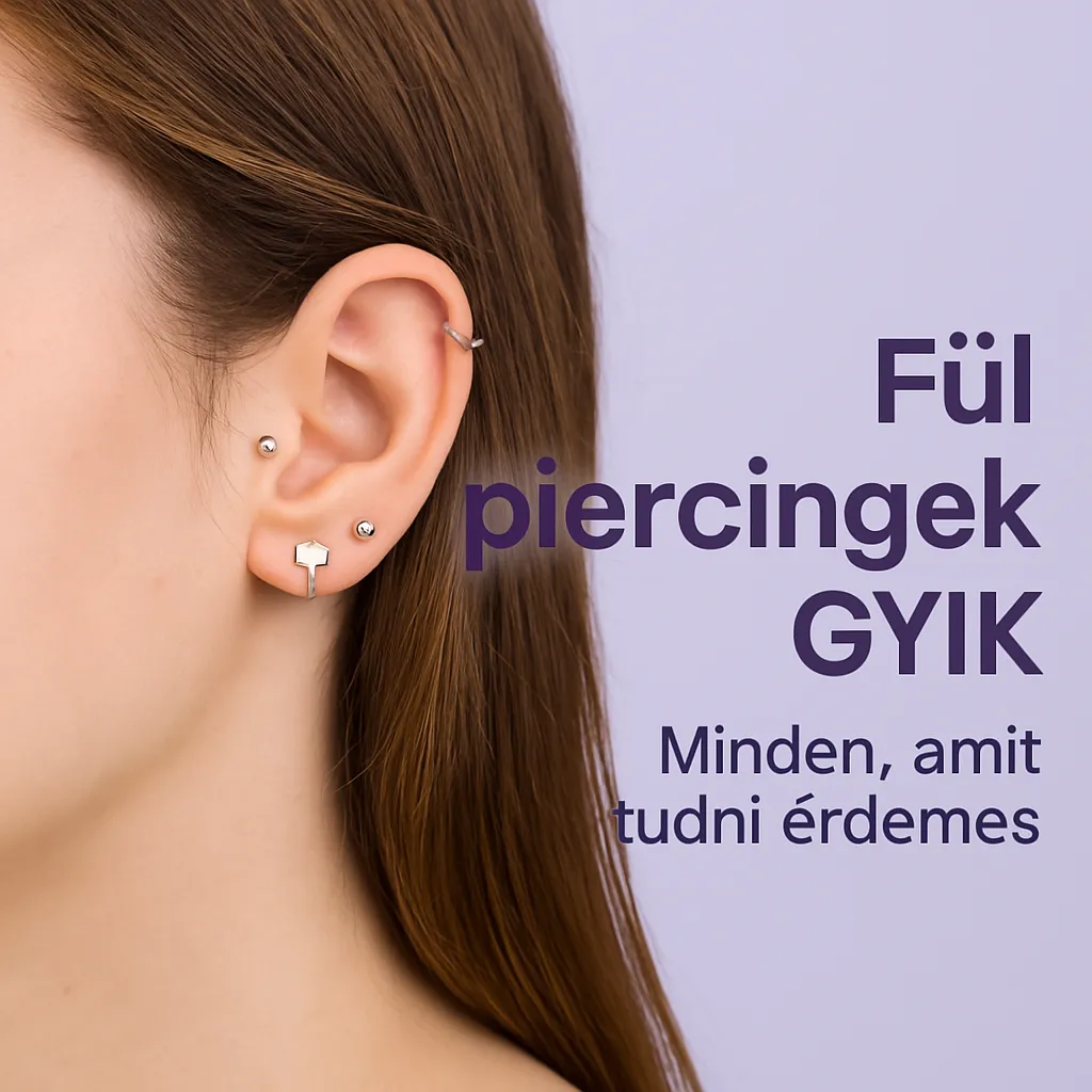 Közelkép női fülről többféle piercinggel: helix, tragus, conch, fülcimpa – levendula háttérrel, "Fül piercingek GYIK" felirattal