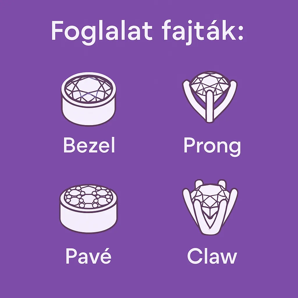 Piercing foglalattípusok – LilaCsiga Grafika piercing foglalattípusokról – Bezel, Prong, Pavé és Claw – LilaCsiga stílusban
