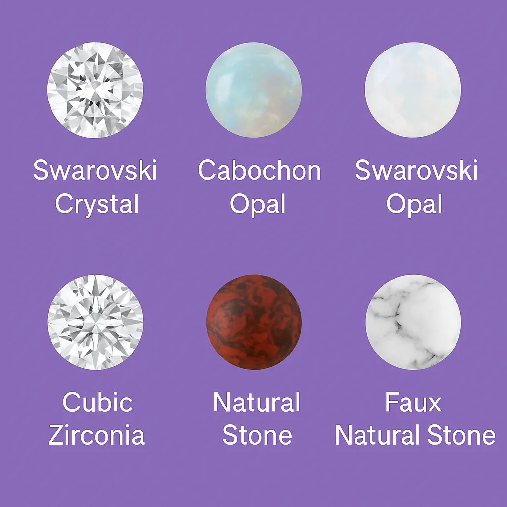 Piercing kőtípusok – LilaCsiga Piercing kőtípusokat bemutató grafika: Swarovski, Opal, Zirconia, Ásvány