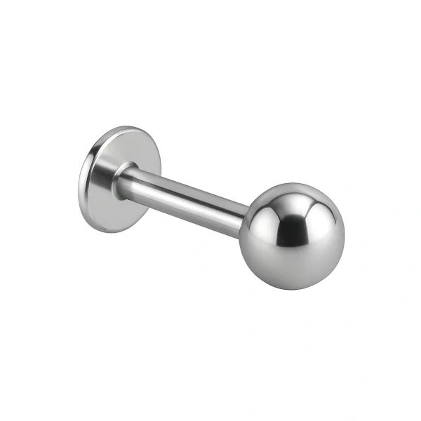Labret piercing 1.2 mm – talpas testékszer golyós fejjel, ezüst színben, döntött nézetben