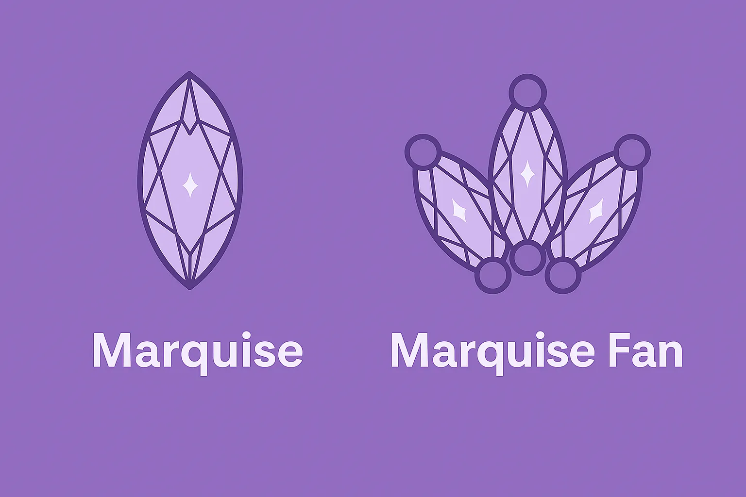 Marquise és Marquis Fan foglalatok piercing ékszerekhez – LilaCsiga Marquise és Marquis Fan formájú kövek foglalattípusai lila háttérrel, illusztráció piercing ékszerekhez – LilaCsiga