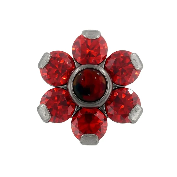 Virág formájú piercing fejrész vörös kövekkel – Red Queen stílus titán foglalatban