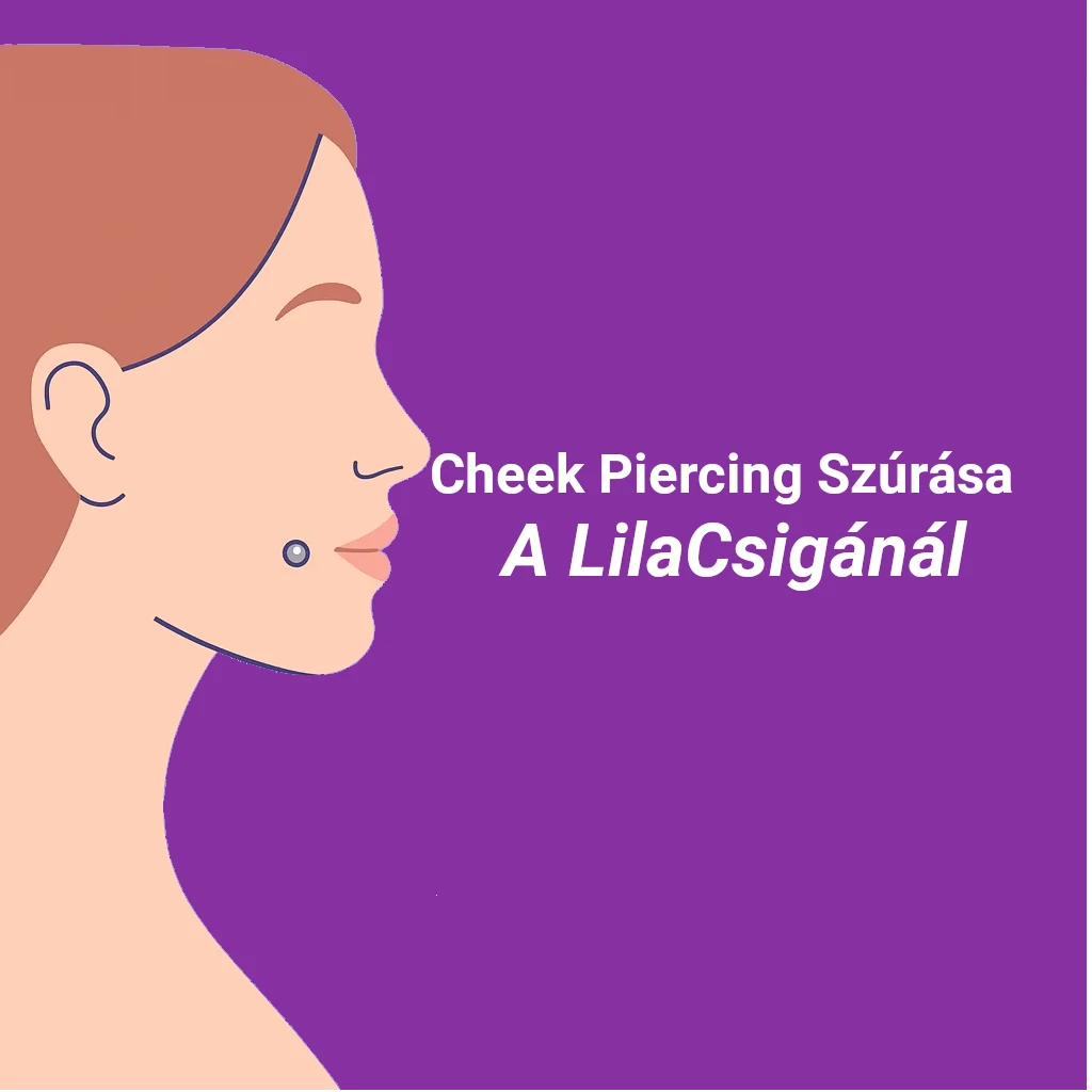 Oldalnézetes illusztráció cheek piercingről női arcon, lila háttérrel és a szöveggel: Cheek Piercing Szúrása a LilaCsigánál.