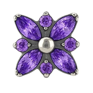 Lila virág formájú testékszer fejrész, csillogó cirkónia kövekkel.