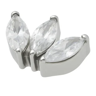 Legyező formájú testékszer három kristálytiszta marquise csiszolású kővel, prémium titán foglalatban.