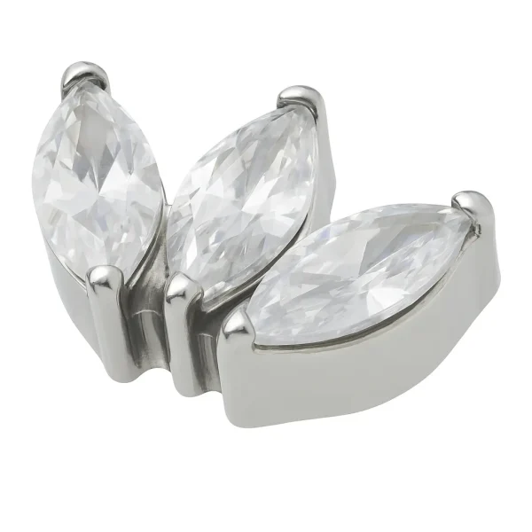 Legyező formájú testékszer három kristálytiszta marquise csiszolású kővel, prémium titán foglalatban.