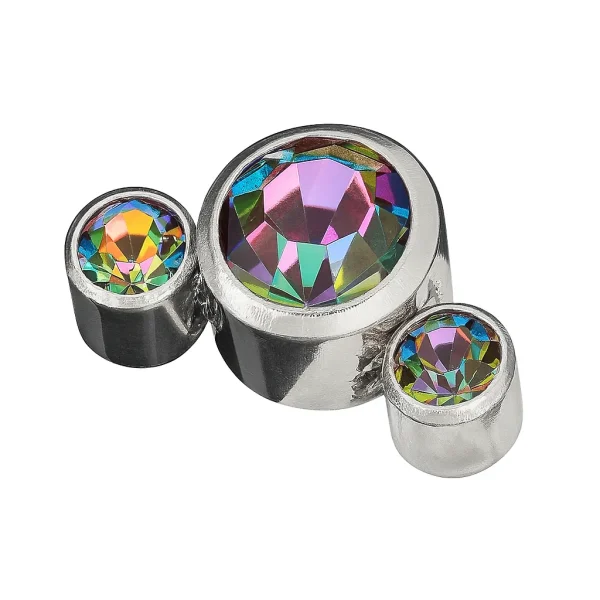 Szivárványos Swarovski kristályokkal díszített hármas cluster fejrész titán foglalatban