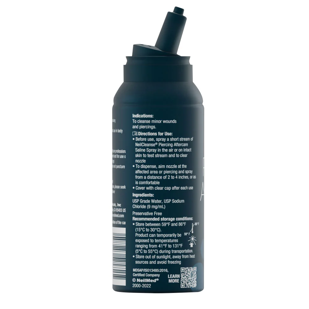 NeilMed Piercing Aftercare termékcímke és használati utasítás a flakon hátulján