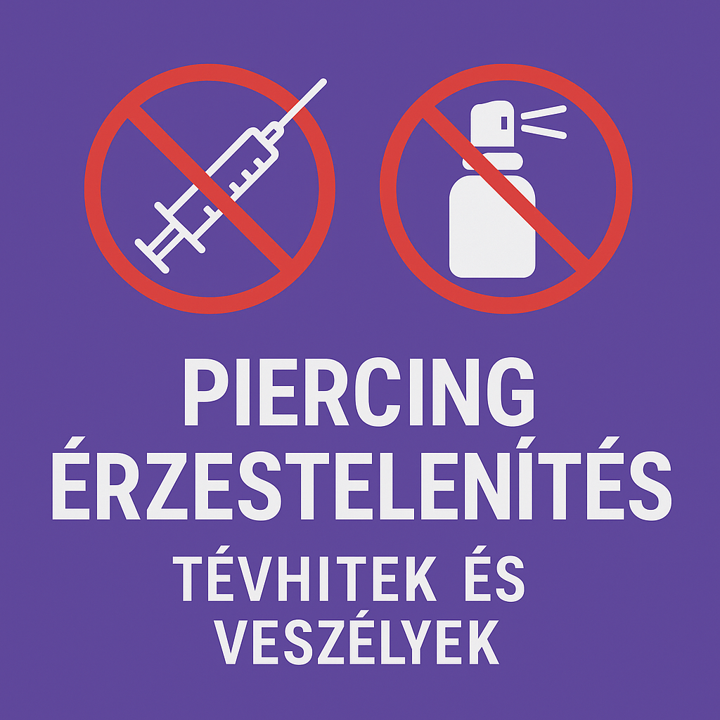 Áthúzott injekció és lidocain spray ikon lila háttéren, a piercing érzéstelenítés veszélyeire figyelmeztető grafika.