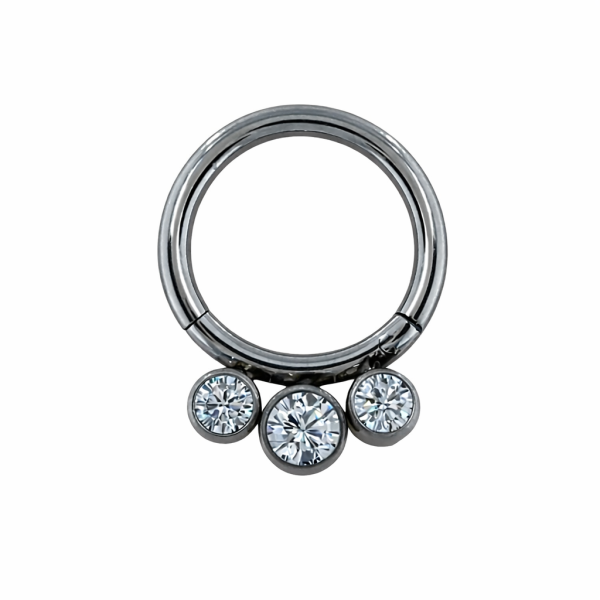 Titán zsanéros piercing karika 10 mm három köves clear CZ kristállyal