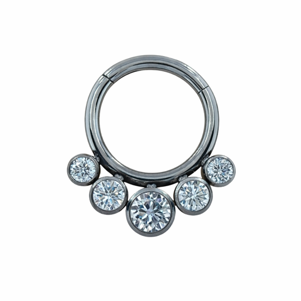 Titán zsanéros piercing karika 10 mm öt köves clear CZ kristállyal