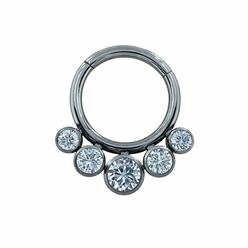 Titán zsanéros piercing karika 10 mm öt köves clear CZ kristállyal