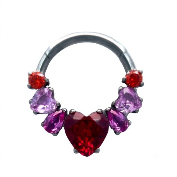 'Tears from the Heart' gránitvörös és mályva szív kristályos titánium zsanéros karika piercing