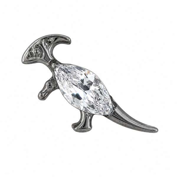 10.5x6 mm méretű Parasaurolophus dinoszaurusz alakú titán piercing fejrész 5x2.5 mm-es áttetsző marquise csiszolású cirkónia kővel díszítve.