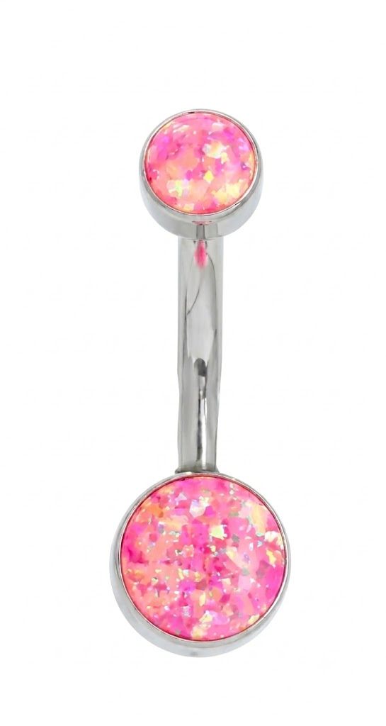 summer-pink-titan-koldok-piercing-10mm Summer Pink opál köves titán köldök piercing, 10 mm szárhosszúságú, 4 mm és 6 mm-es rózsaszín golyókkal.