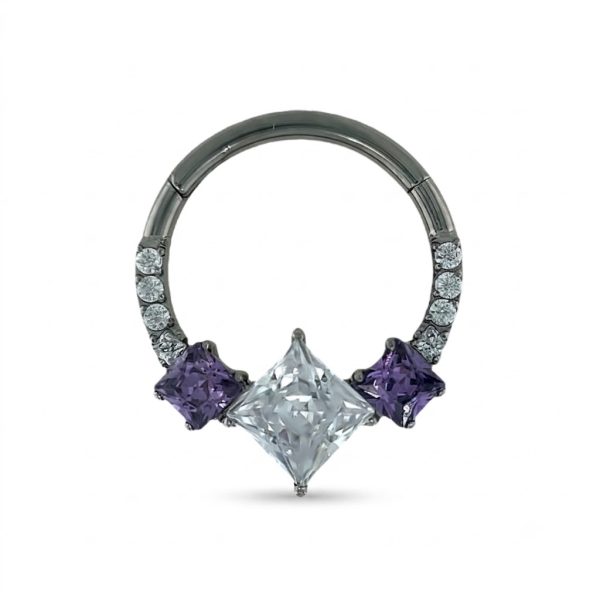 Supreme Princess Cut zsanéros karika piercing, lila és fehér köves klikker 10 mm méretben.